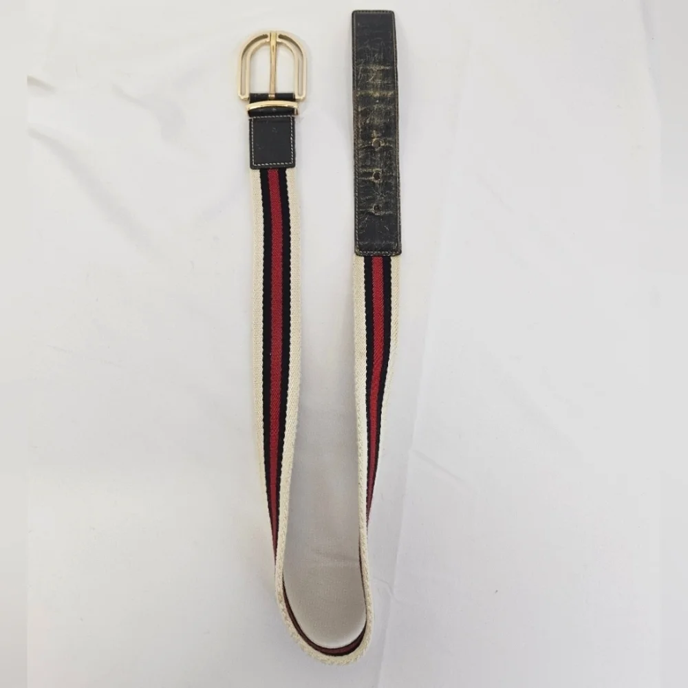 Gucci Nylon And Leather Belt In Cream Navy And Red Size 32 / 80